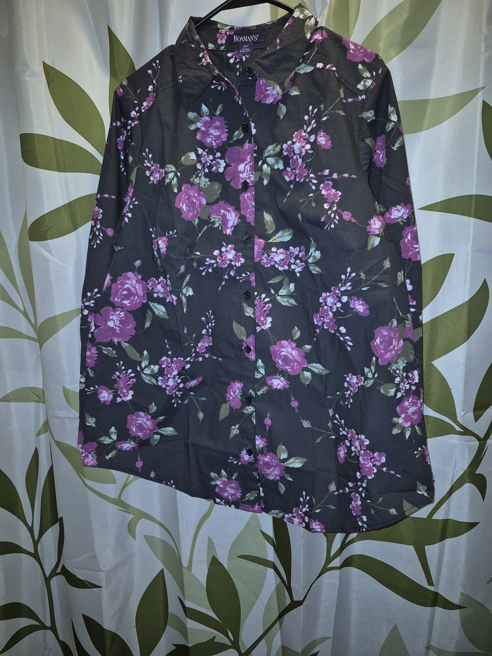 Roaman's Black Button-Down Shirt with Purple Rose Floral Print